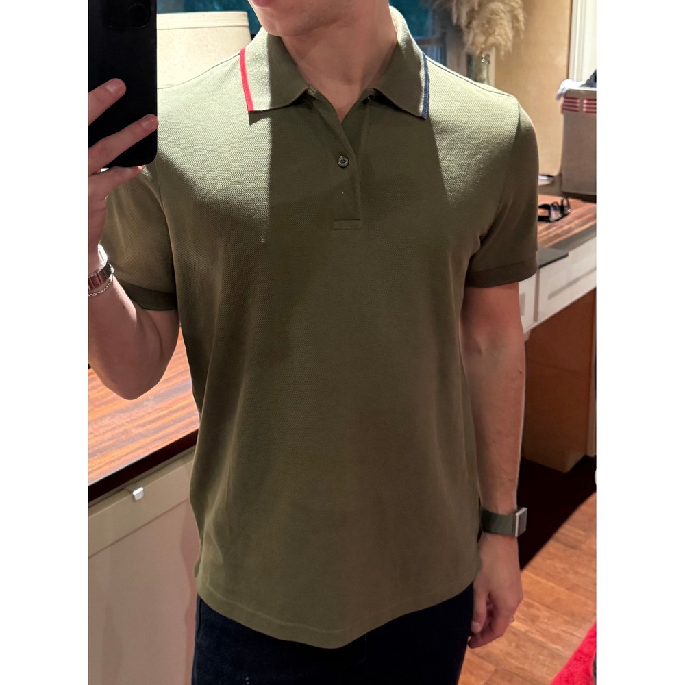 Moncler Mens Green Pique Polo Shirt Tricolor Collar Logo Patch XS